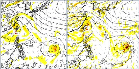 最新(6日20時)歐洲模式(ECMWF左圖)模擬顯示，下週二(10日)20時在台灣附近的擾動(1)結構鬆散；關島附近則有的擾動(2)醞釀；美國模式(GFS右圖)所模擬的位置、強度則皆有差異。(圖擷自tropical tidbits)氣象應用推廣基金會