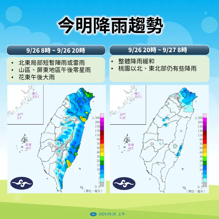 今明降雨趨勢。氣象署提供