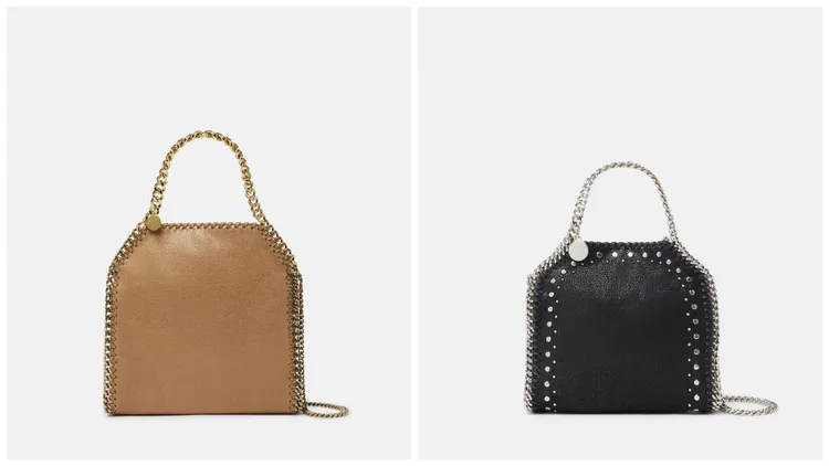 胡桃木色Falabella迷你托特包（左）4萬3600元、Falabella Shaggy Deer純素鉚釘托特包（右）3萬4800元。品牌提供
