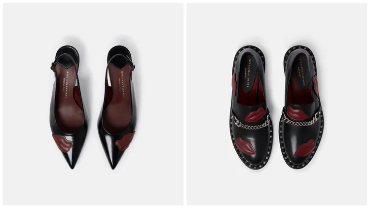 黑色Elsa唇形貼花跟鞋（左）3萬4600元、黑色Falabella嘴唇樂福鞋（右）3萬4600元。品牌提供