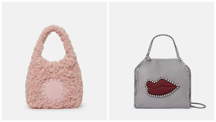 灰粉色絨毛泰迪多特包（左）3萬6100元、Falabrlla嘴唇迷你托特包（右）4萬8000元。品牌提供