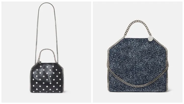 黑色斑點印花限量版鑲釘Falabella迷你托特包（左）4萬3600元、藍色Falabella折疊式毛圈布手提包（右）5萬2100元。品牌提供
