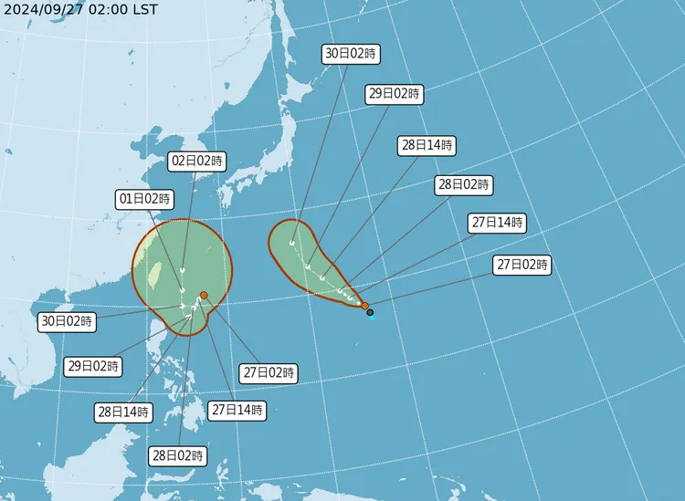 最新（27日2時）熱帶性低氣壓動態。中央氣象署
