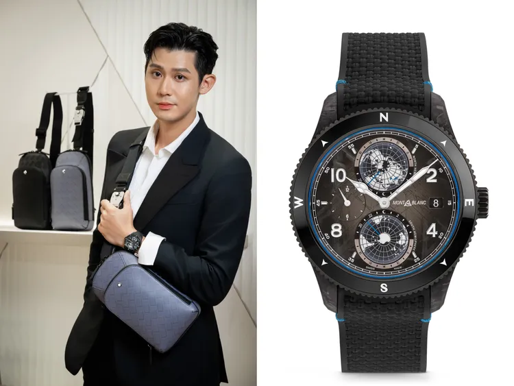 李玉璽戴上萬寶龍1858系列Geosphere世界時間零氧腕錶CARBO2限量款1969，29萬9100元。品牌提供