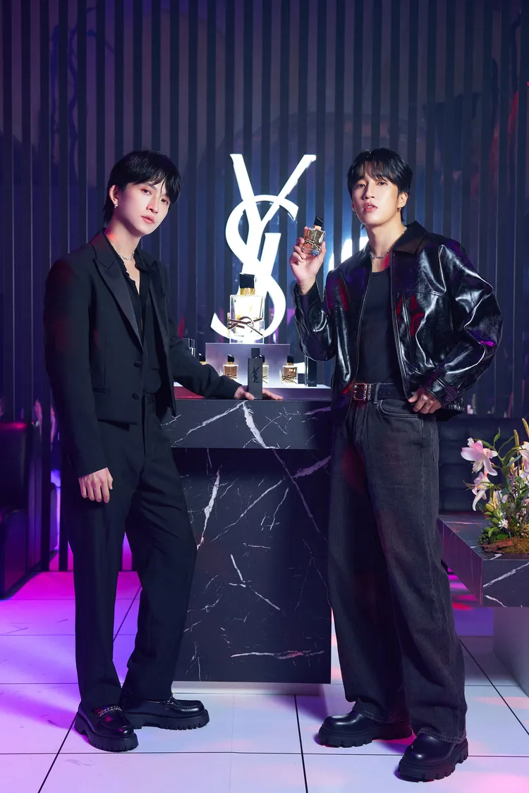 邱鋒澤（左）與婁峻碩昨一同現身YSL奢光派對。品牌提供