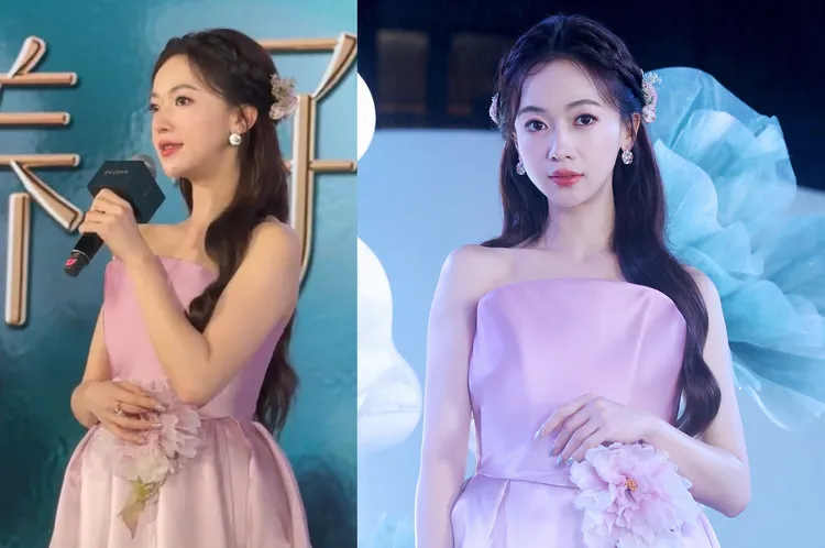 吳謹言昨出席代言活動，禮服設計遮肚意味明顯。翻攝cmjnr·草莓微博、羊就是咩咩叫微博