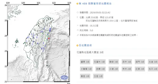 2:21花蓮近海「規模5極淺層地震」　16縣市搖晃最大震度3級