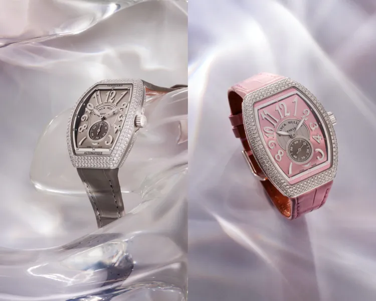 FRANCK MULLER Vanguard Lady Slim Vintage腕錶，35*46.3mm，精鋼錶殼（手工鑲嵌308顆明亮式切割鑽石），日暉紋打磨錶盤，手工縫製皮革錶帶（鑲嵌12顆明亮式切割鑽石），MVT FM 708-S6機芯，動力儲存42小時，各78萬9000元。品牌提供
