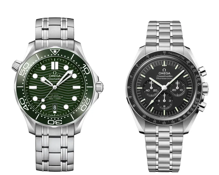 OMEGA海馬潛水300米系列（左圖，19萬6000元）和超霸系列專業登月錶（右圖，26萬5000元）。品牌提供

