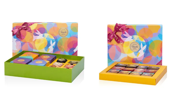 Venchi中秋巧克力月餅長形禮盒（左）2180元、Venchi中秋薄片巧克力禮盒（右）750元。品牌提供