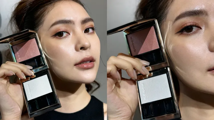 Model示範SUQQU亮采高光蜜粉餅。張家玲攝