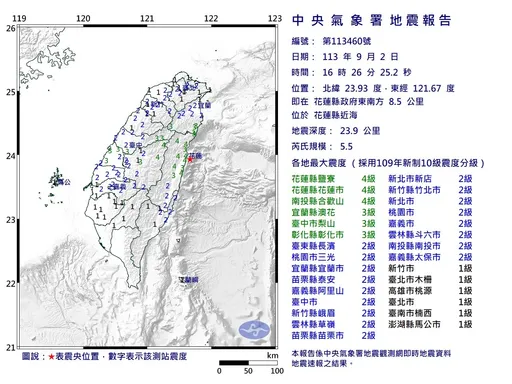 16:26花蓮近海5.5地震！最大震度4級