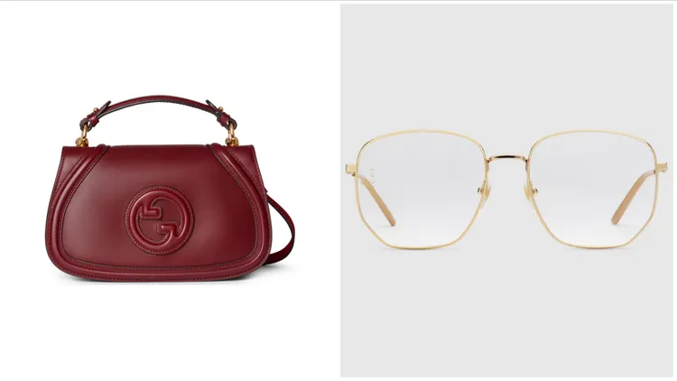 GUCCI Small Blondie肩背包（左）11萬300元、方框眼鏡（右）1萬6600元。品牌提供