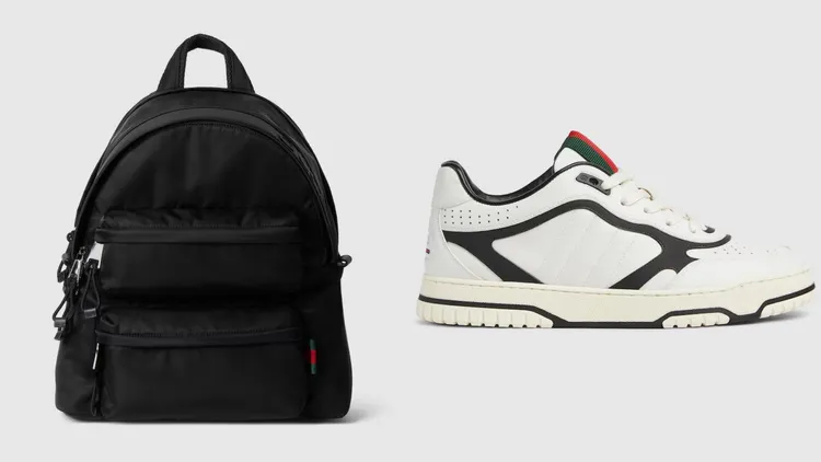 GUCCI織帶後背包（左）9萬3400元、Re-Web 球鞋（右）3萬9900元。品牌提供
