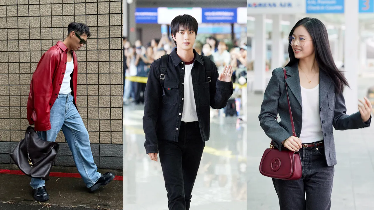 楊祐寧（左起）、BTS Jin、NewsJeans Hanni前往米蘭時裝周的機場時尚。品牌提供