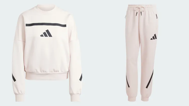 Z.N.E.淺粉色圓領上衣（左）、Z.N.E.淺粉色運動長褲（右），各2690元。品牌提供