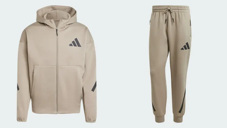 Z.N.E.棕色連帽外套（左）3690元、Z.N.E.棕色長褲（右）2690元。品牌提供