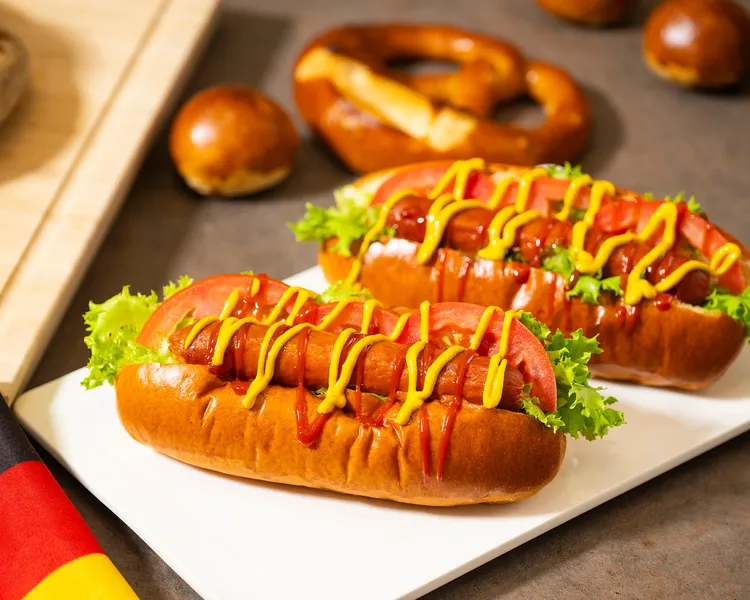 「德國啤酒豬肉香腸堡」平日限定供應，鮮美豬肉腸搭配酸菜與醬料，口感豐富。業者提供