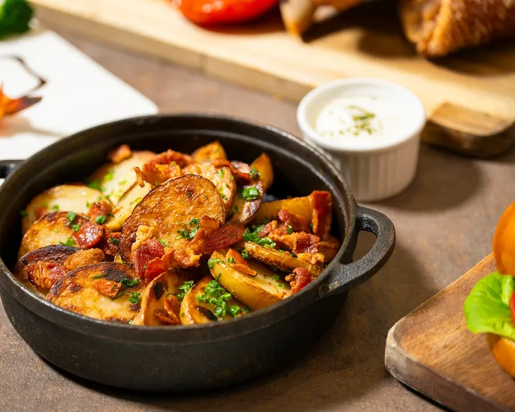 傳統德國家常菜「德式煎馬鈴薯」，金黃酥脆的馬鈴薯外皮，搭配洋蔥與培根，是讓人一口接一口的下酒美食。業者提供