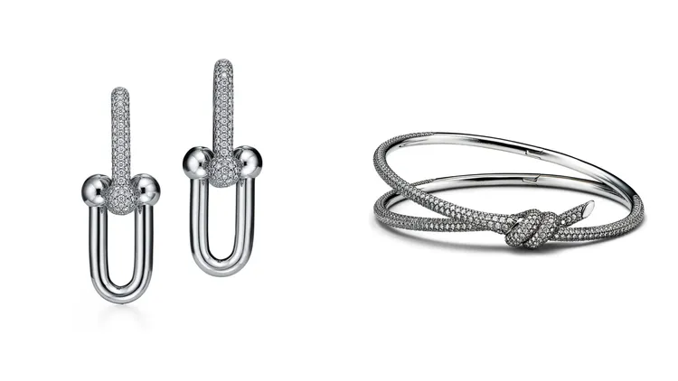 Tiffany HardWear系列白K金鋪鑽鏈結耳環（左）59萬元、Knot 18K白金鋪鑲鑽石手環（右）170萬元。品牌提供