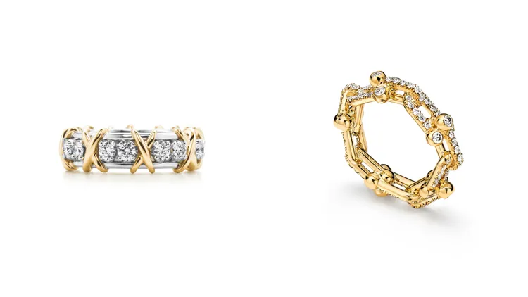 Jean Schlumberger by Tiffany十六石鉑金與黃K金鑽石戒指（左）49萬1000元、HardWear系列黃K金鑲鑽戒指（右）44萬7000元。品牌提供