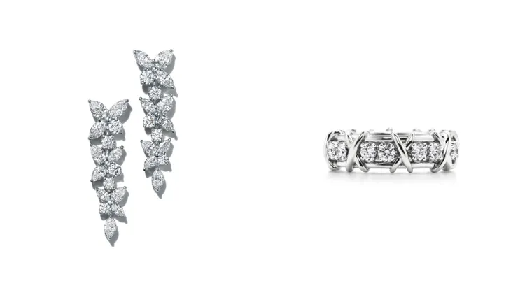 Tiffany Victoria系列鉑金鑲鑽耳環（左）195萬元、Jean Schlumberger by Tiffany 十六石鉑金鑽石戒指 （右）48萬7000元。品牌提供
