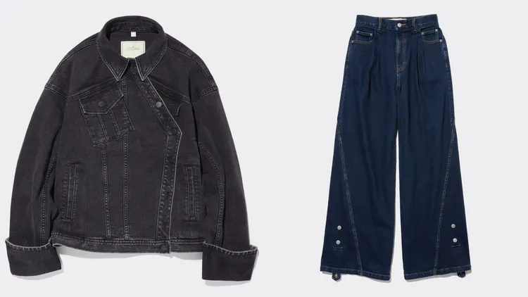 GU x Rokh牛仔外套（左）1790元、牛仔褲（右）1290元。品牌提供