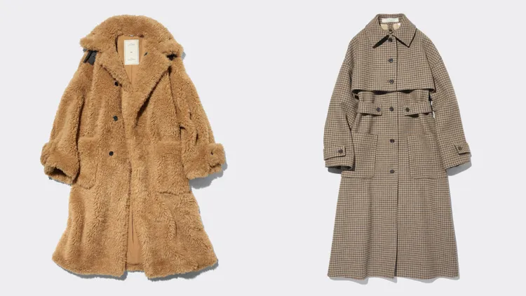 GU x Rokh仿毛大衣（左）2490元、兩件式格紋大衣（右）3490元。品牌提供