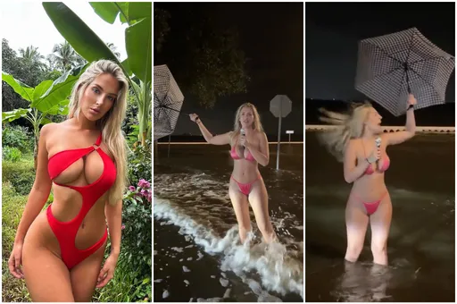 擺明討罵~海倫颶風造成166死 波霸網紅穿比基尼淹水街道蹭流量