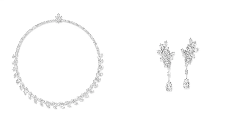 海瑞溫斯頓 Winston Cluster系列鑽石項鍊（左）823萬5000元、 Secret Cluster系列鑽石耳環（右）851萬元。品牌提供