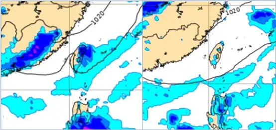 最新(13日20時)歐洲模式(ECMWF)模擬顯示，週六(19日)東北季風南下，北部、東半部轉有局部雨(左圖)。下週(20)日水氣略轉乾，東北部及午後山區仍有局部短暫雨的機率，其他各地多雲時晴(右圖)。氣象應用推廣基金會
