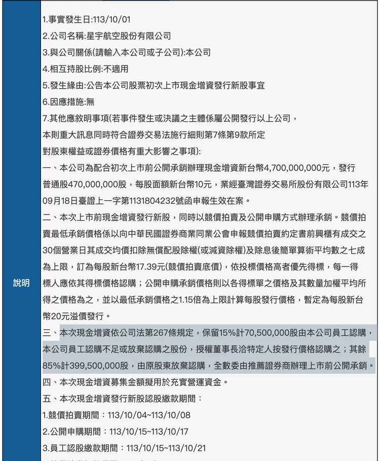 星宇航空現增時公告，員工可認股15%。翻攝公開資訊觀測站