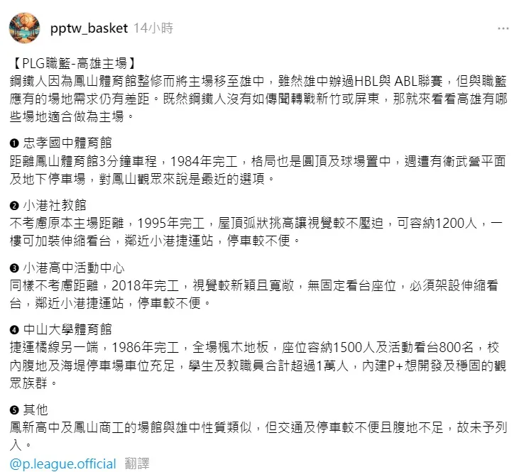 專業球迷點出高雄其他可當鋼鐵人臨時主場的場地。翻攝自pptw_basket threads