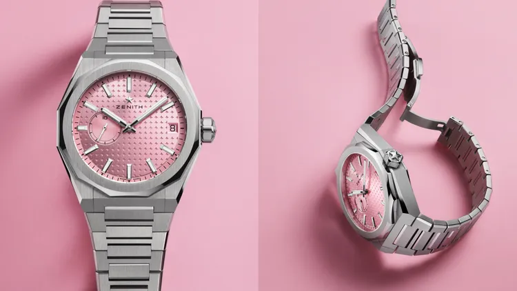 ZENITH DEFY Skyline天際線粉紅腕錶限量款，41mm，精鋼錶殼，粉紅色太陽紋錶盤，精鋼錶鍊（隨附白色星空橡膠錶帶），El Primero 3620高振頻自動上鍊機芯，動力儲存60小時，防水深度100米，限量100只，36萬300元。品牌提供