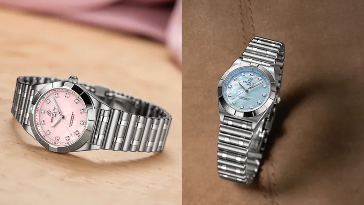 百年靈Chronomat 28腕錶，28mm，精鋼錶殼，藍色或粉色珍珠母貝錶面，精鋼Rouleaux錶鍊，熱平衡SuperQuartz超級石英機芯，防水深度100米，13萬2000元。品牌提供