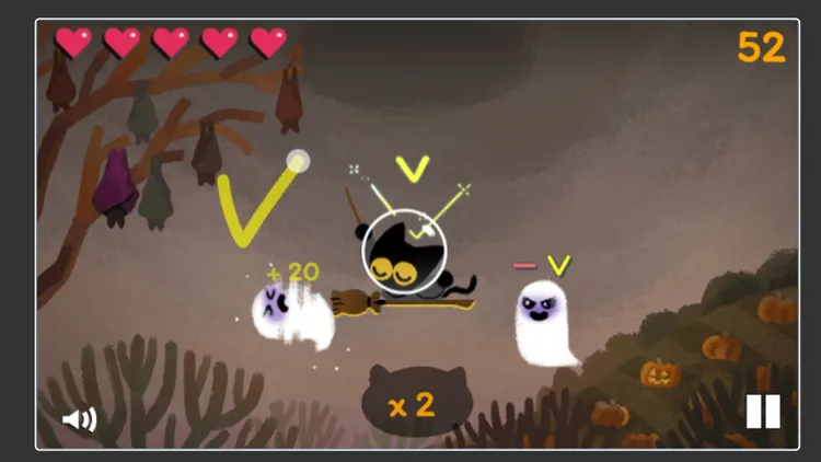 只要在畫面中劃出跟敵人頭上一樣的符號就能擊退。翻攝Google Doodle畫面