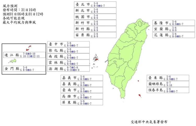 11月1日上午6時到中午12時風力預測。翻攝自氣象署官網