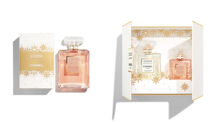摩登COCO香水雪花限定（左圖），100ml／6850元；摩登COCO雪花典藏禮盒（右圖），50ml香水+100ml身體油，7790元。品牌提供