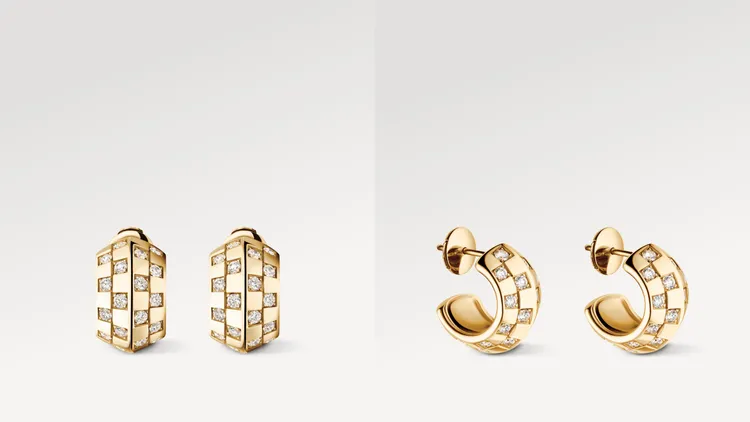 Le Damier de Louis Vuitton圈狀耳環配黃K金及鑽石，33萬6000元。品牌提供