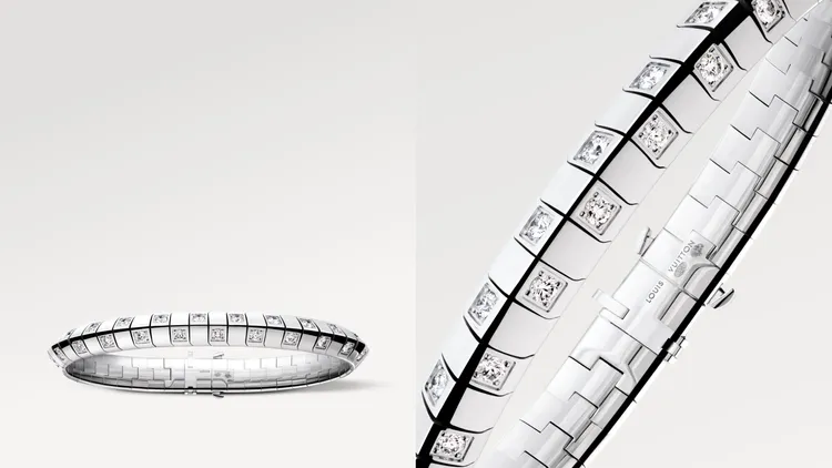 Le Damier de Louis Vuitton粗版手鐲配白K金及鑽石，95萬元。品牌提供