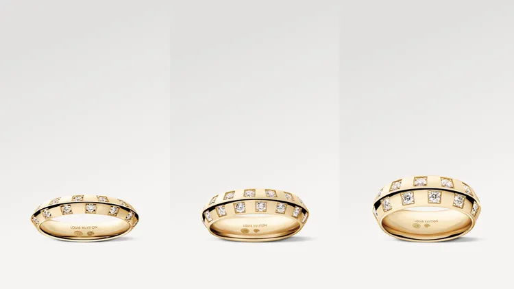 Le Damier de Louis Vuitton黃K金與鑽石戒指（左起）13萬5000元、22萬2000元、30萬3000元。品牌提供