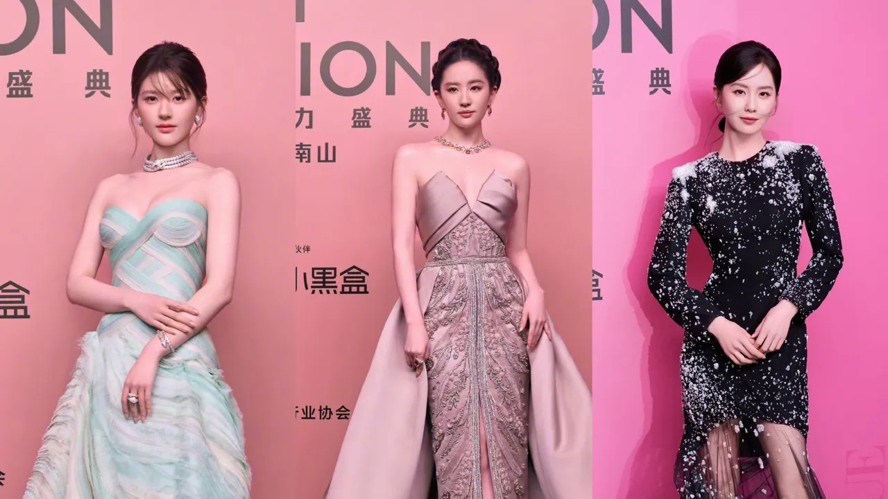 趙露思（左起）、劉亦菲、劉詩詩現身「VOGUE時尚之力盛會」。翻攝微博