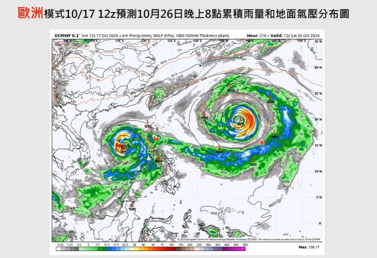 歐洲模式預測累積雨量與地面氣壓分布。翻攝《Hsin Hsing Chia》YouTube