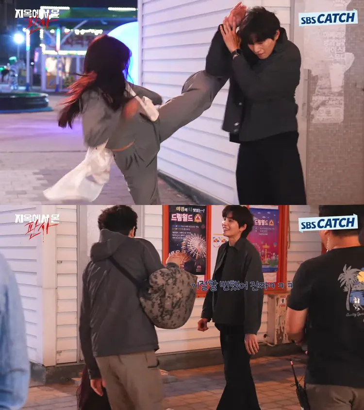 朴信惠劇中展現拳腳功夫，一時沒控制好踢腿力道，讓金宰永嚇壞「真的差點昏厥」。翻攝YouTube