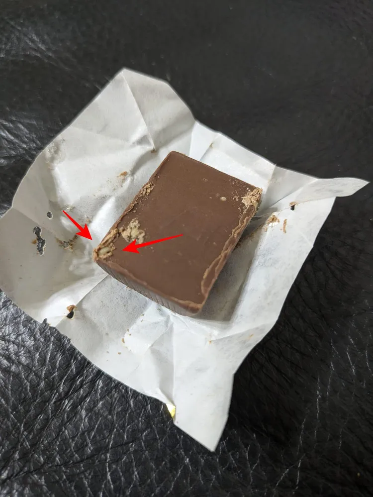 好市多販售的巧克力上，底部出現兩個孔洞中竟疑似藏有巨大白蟲。取自臉書「COSTCO好市多商品消費心得分享區」