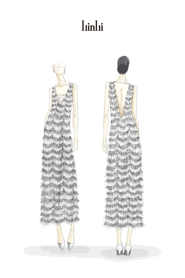 林莉婚紗為Summer訂製的《星光羽絨蕾絲晚禮服》設計圖稿。品牌提供