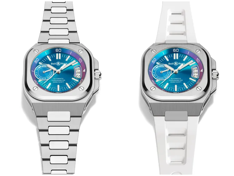 Bell & Ross BR-X5 Iridescent腕錶，41mm，緞面打磨及拋光不鏽鋼錶殼，和彩綠色至紫色錶盤，緞面打磨及拋光不鏽鋼/白色橡膠錶帶，BR-CAL.323自動機芯，動力儲存70小時，防水深度100米，不鏽鋼錶帶31萬元、橡膠錶帶款29萬3000元。品牌提供