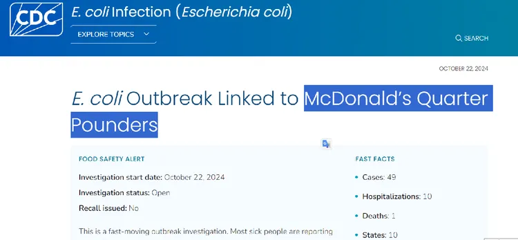 美國疾病管制與預防中心通報，麥當勞已有10州、49起案例受到大腸桿菌汙染。翻攝CDC