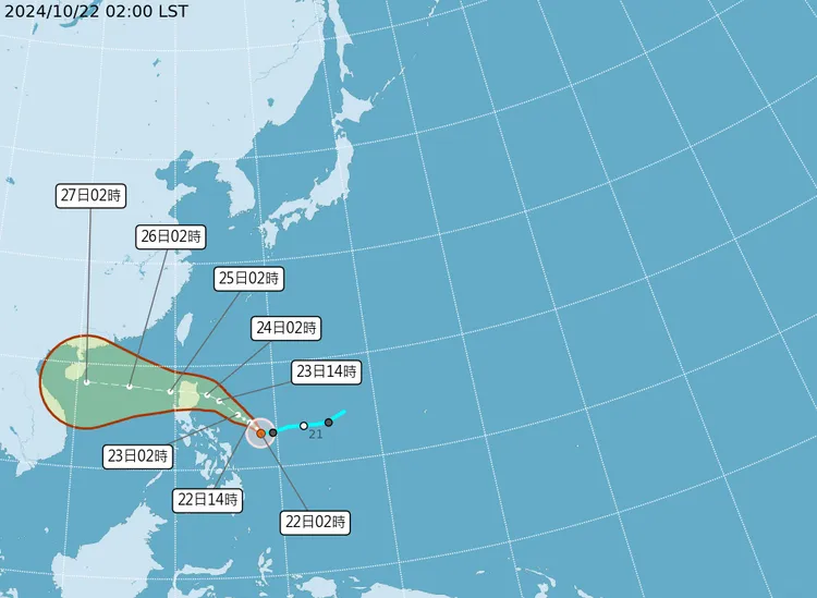最新（22日2時）颱風動態。中央氣象署