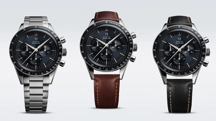 OMEGA超霸系列周年版The First OMEGA in Space，39.7mm，不鏽鋼錶殼，3861同軸擒縱大師天文台認證機芯，不鏽鋼錶鍊款26萬元、皮革錶帶款24萬9000元。品牌提供